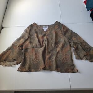 Plaza South Blouse Womens Petite 20W Brown Paisley Sheer Bell Sleeve V Neck